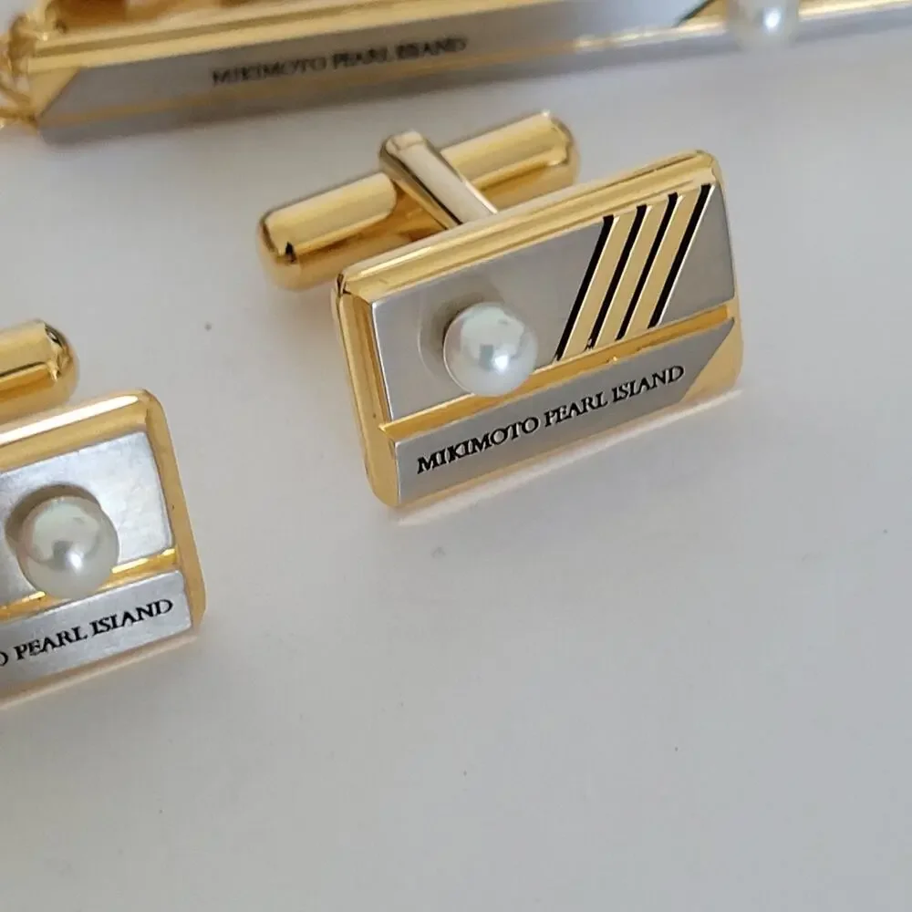 MIKIMOTO Tie Pin Bar and Cufflinks with Geniue Acoya Pearl Set Gold Silver Tone